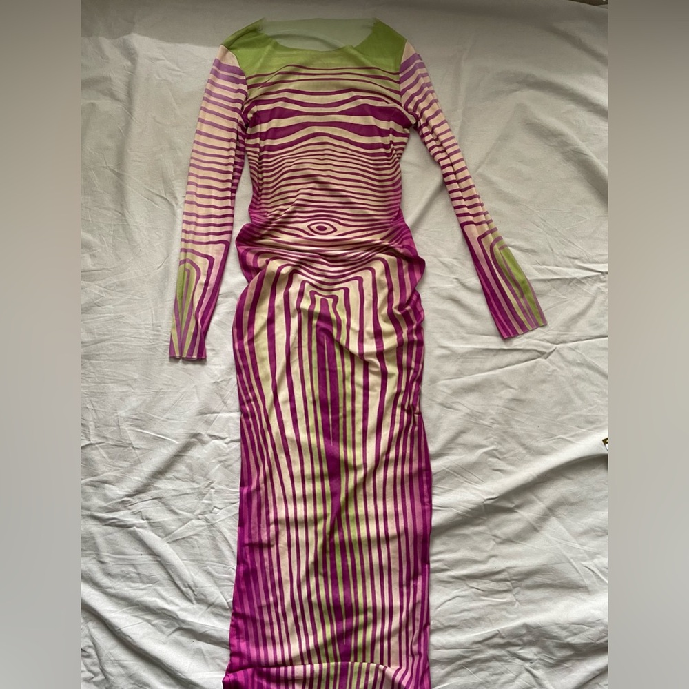 Once worn purple and green spiral dress